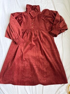 Emily McCarthy Corduroy Dress Rust Geometric Embossed Puff Sleeve Smocked S